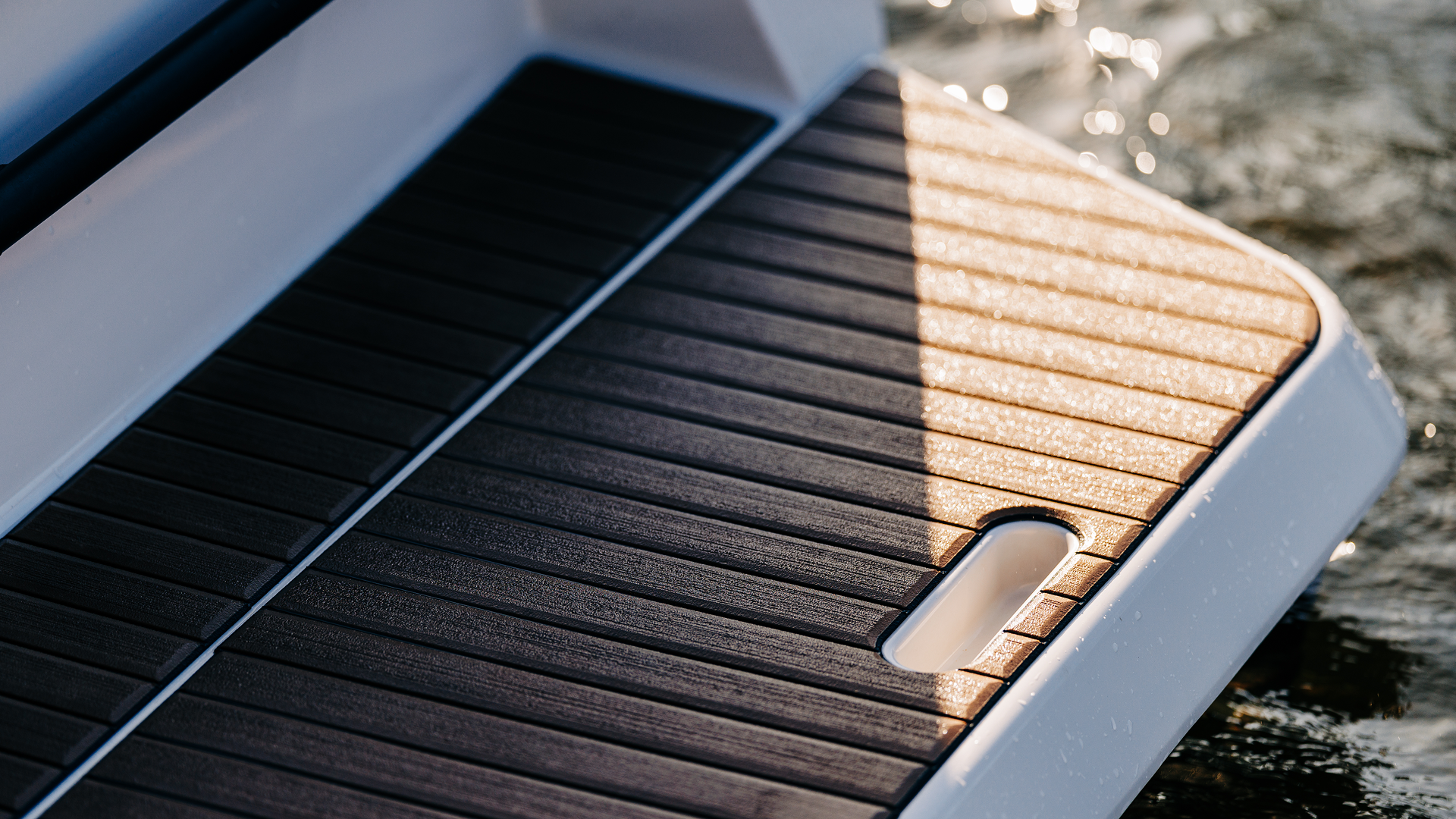 Large modular swim platform with grab handles and ladder